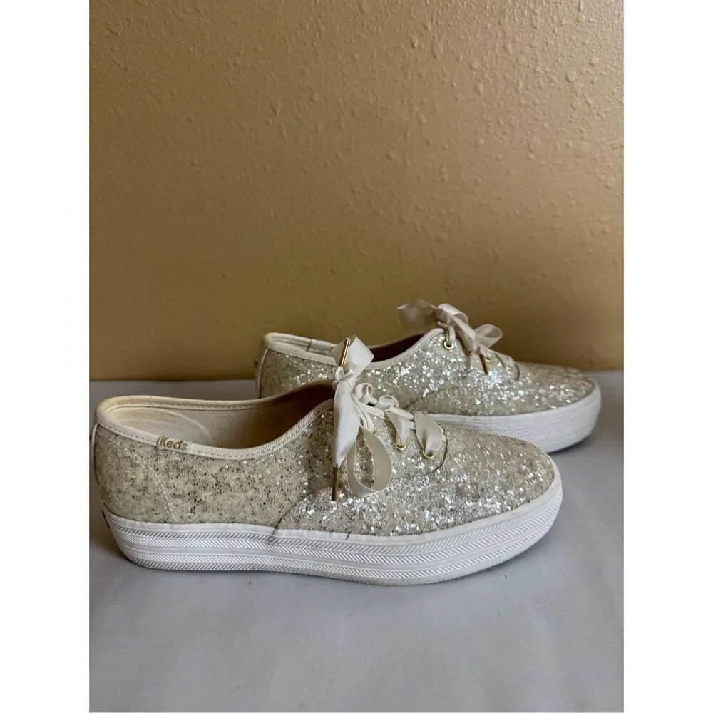 Keds x Kate Spade Glitter Sneakers Cream Ribbon Lace Womens 7